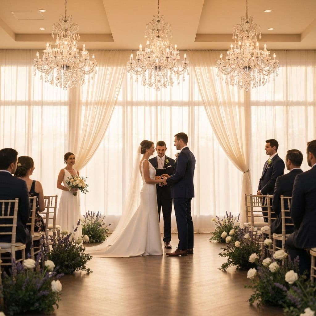 Ceremonia de boda elegante con iluminación cálida suave y ambiente íntimo